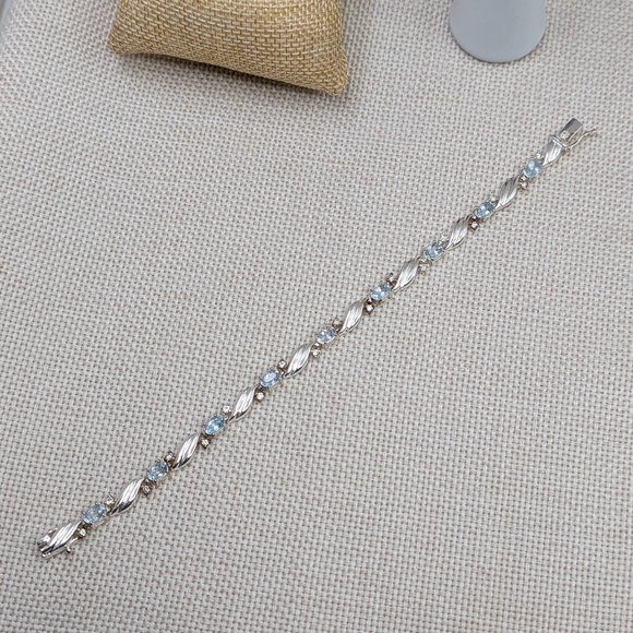 925 Sterling Silver Blue Topaz & CZ Link Bracelet 8” | Twisted Leaf Design - Picture 14 of 16